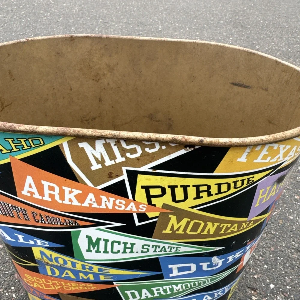 Vtg Decoware College Pennant Flags Metal Tin Trash Can Waste Paper Basket USA